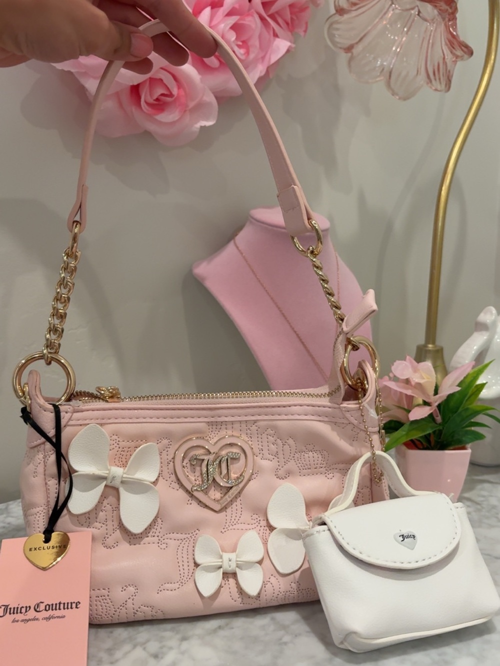 Juicy Couture Pink Bow-Appliqué Shoulder Bag with White Mini Pouch